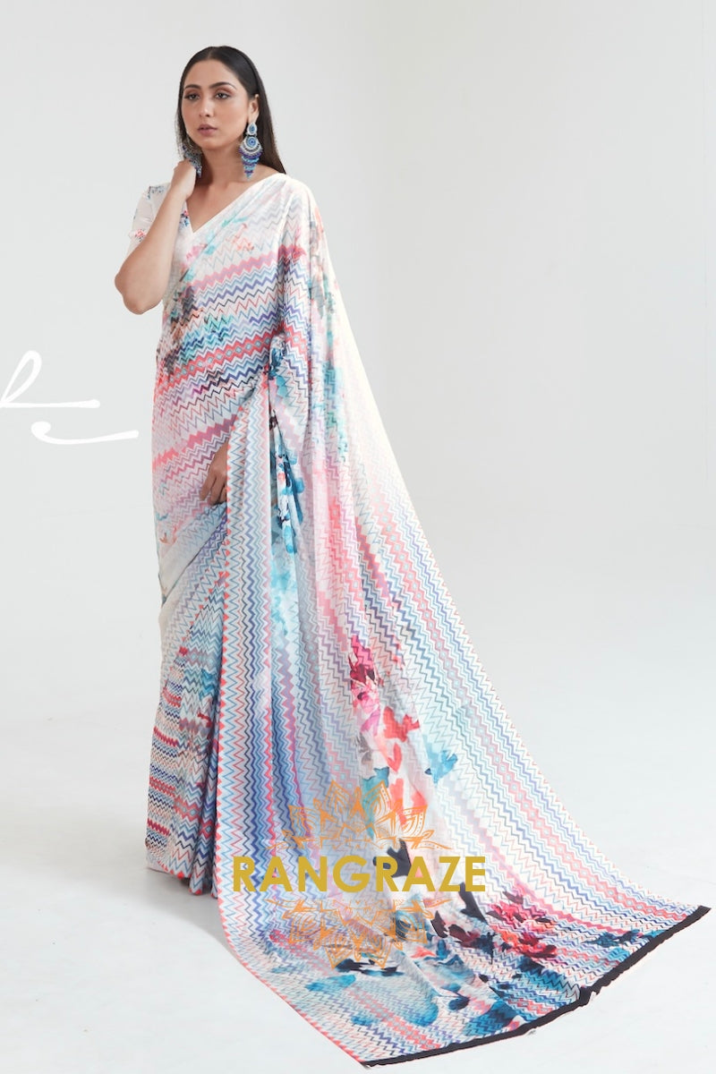 Daisy White Multi Color Abstract Printed Crepe Silk Saree