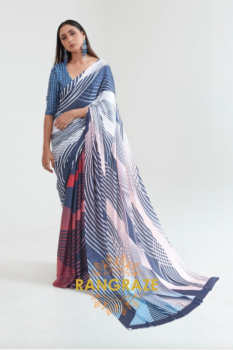 Blue And White Strip Printed Crepe Silk Saree