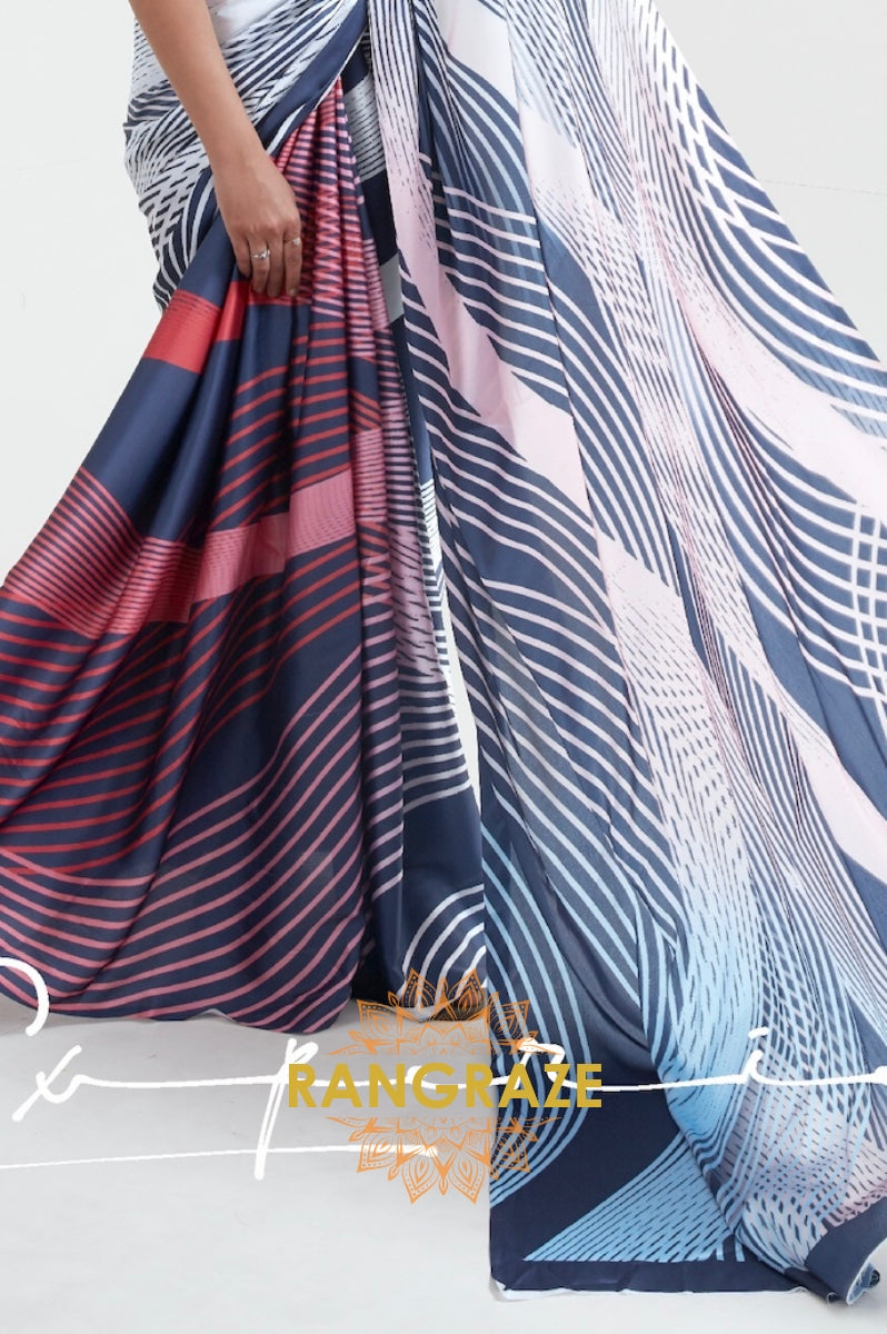 Blue And White Strip Printed Crepe Silk Saree
