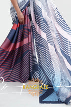 Blue And White Strip Printed Crepe Silk Saree