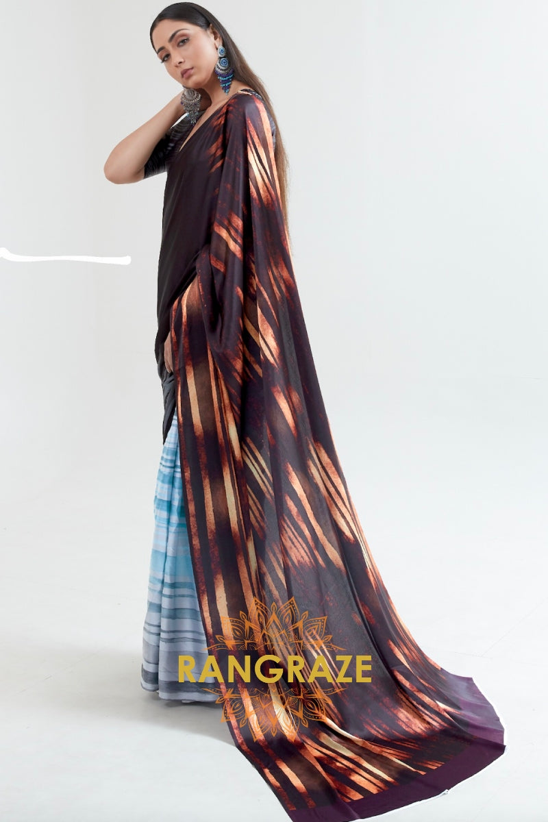 Coffee Brown And Sky Blue Printed Crepe Silk Saree
