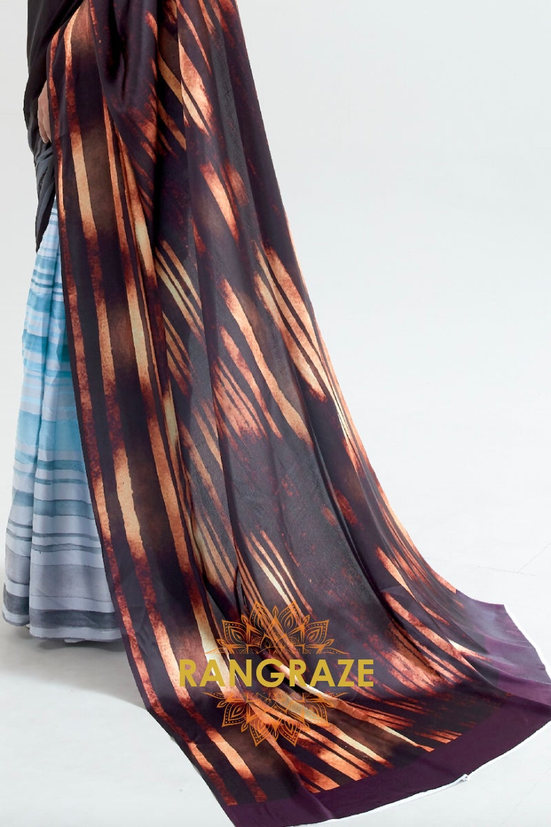 Coffee Brown And Sky Blue Printed Crepe Silk Saree