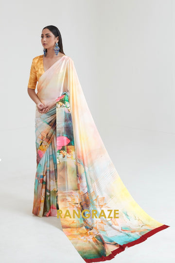 Light Yellow And Haze White Printed Crepe Silk Saree