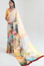Light Yellow And Haze White Printed Crepe Silk Saree
