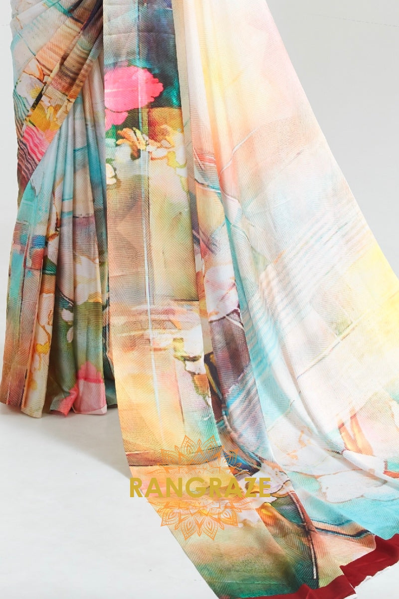 Light Yellow And Haze White Printed Crepe Silk Saree