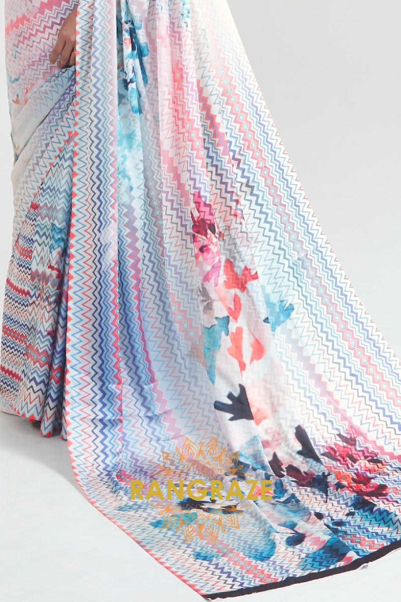 Daisy White Multi Color Abstract Printed Crepe Silk Saree
