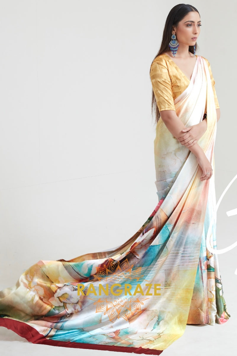 Light Yellow And Haze White Printed Crepe Silk Saree