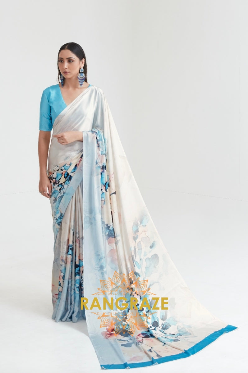 Ivory White And Sky Blue Printed Crepe Silk Saree