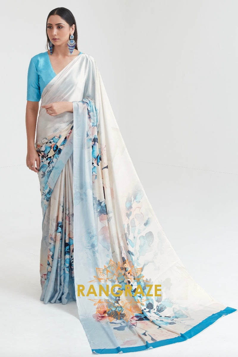 Ivory White And Sky Blue Printed Crepe Silk Saree