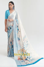 Ivory White And Sky Blue Printed Crepe Silk Saree