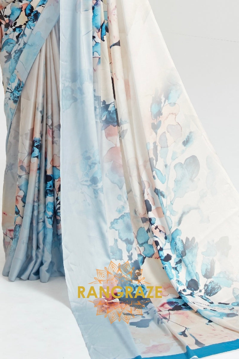 Ivory White And Sky Blue Printed Crepe Silk Saree
