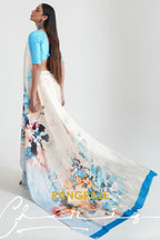 Ivory White And Sky Blue Printed Crepe Silk Saree