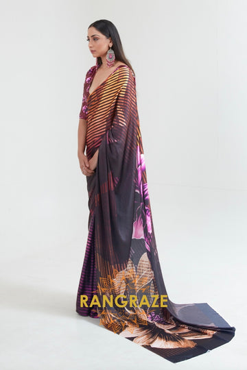 Umber Brown And Black Printed Crepe Silk Saree