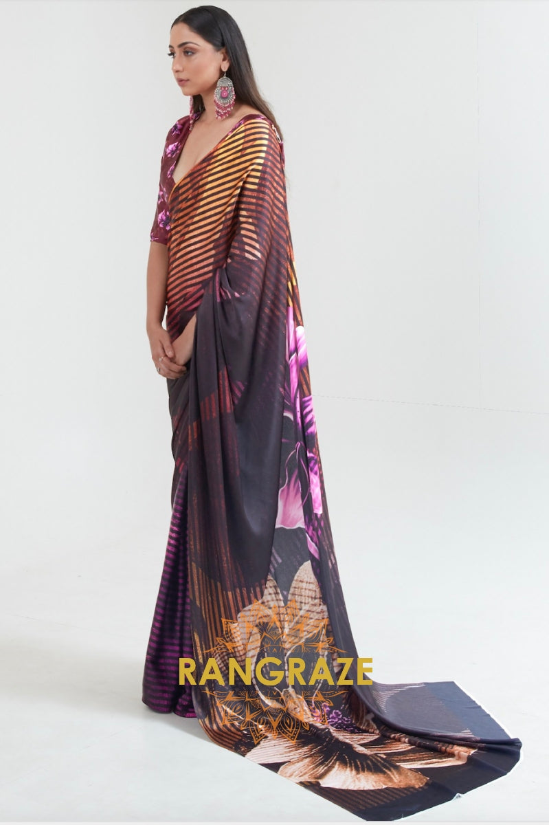 Umber Brown And Black Printed Crepe Silk Saree