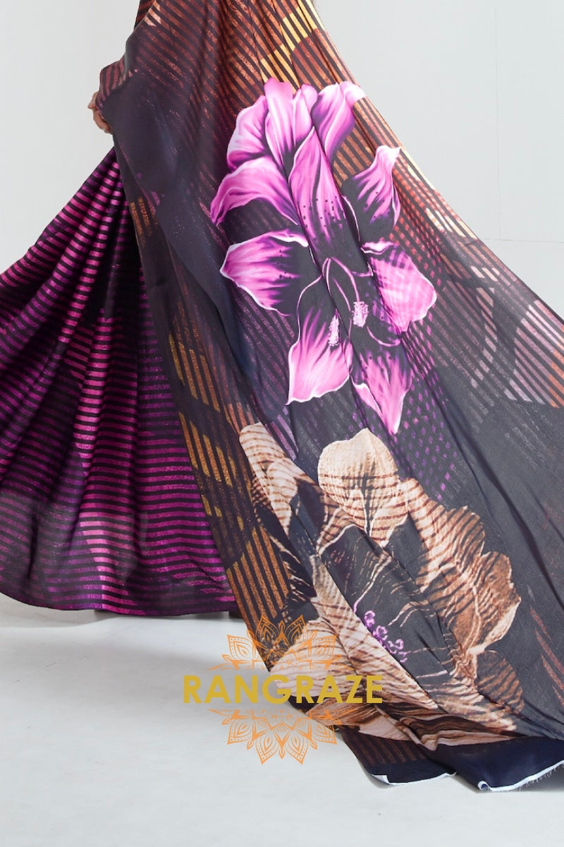 Umber Brown And Black Printed Crepe Silk Saree