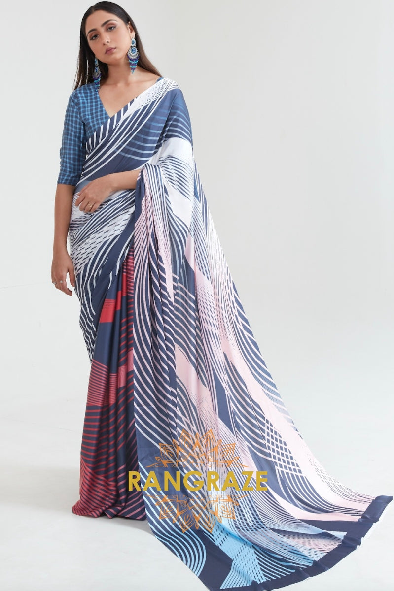 Blue And White Strip Printed Crepe Silk Saree