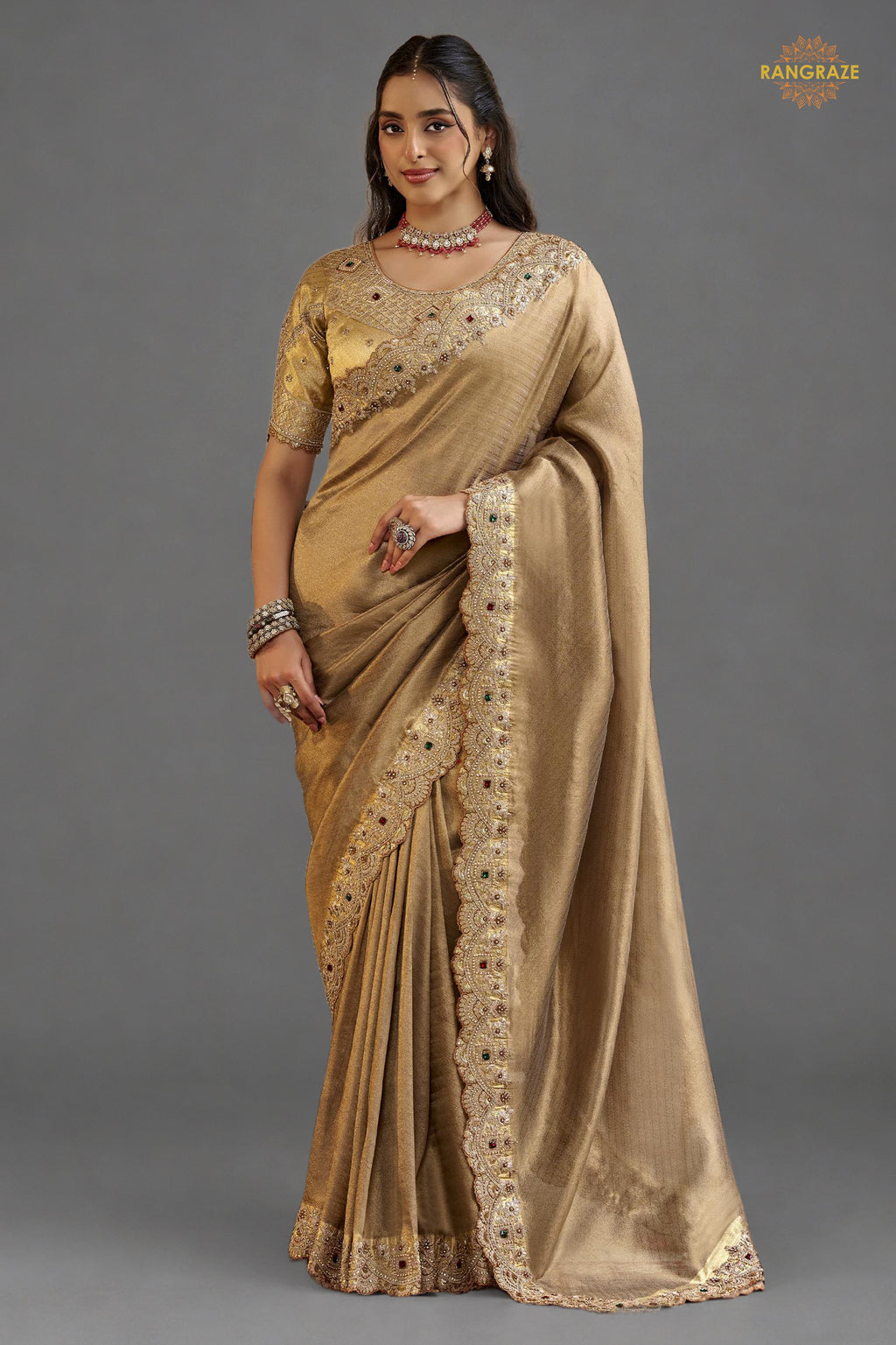 Dark Beige Embroidred Fancy Silk Saree