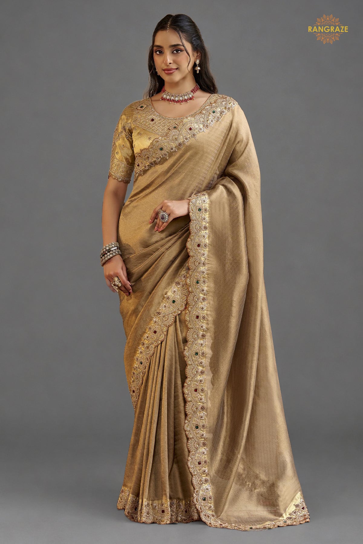 Dark Beige Embroidred Fancy Silk Saree