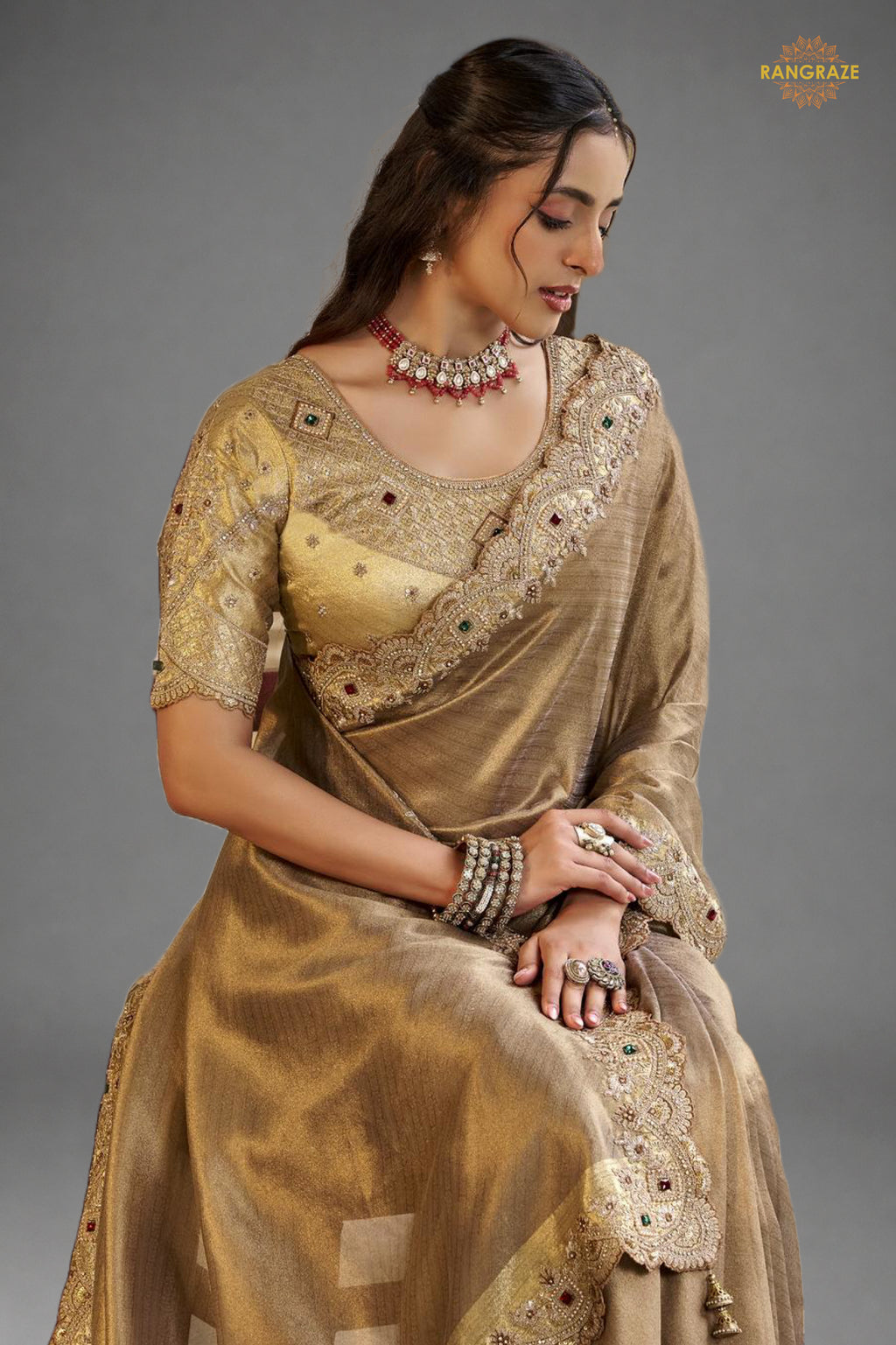 Dark Beige Embroidred Fancy Silk Saree