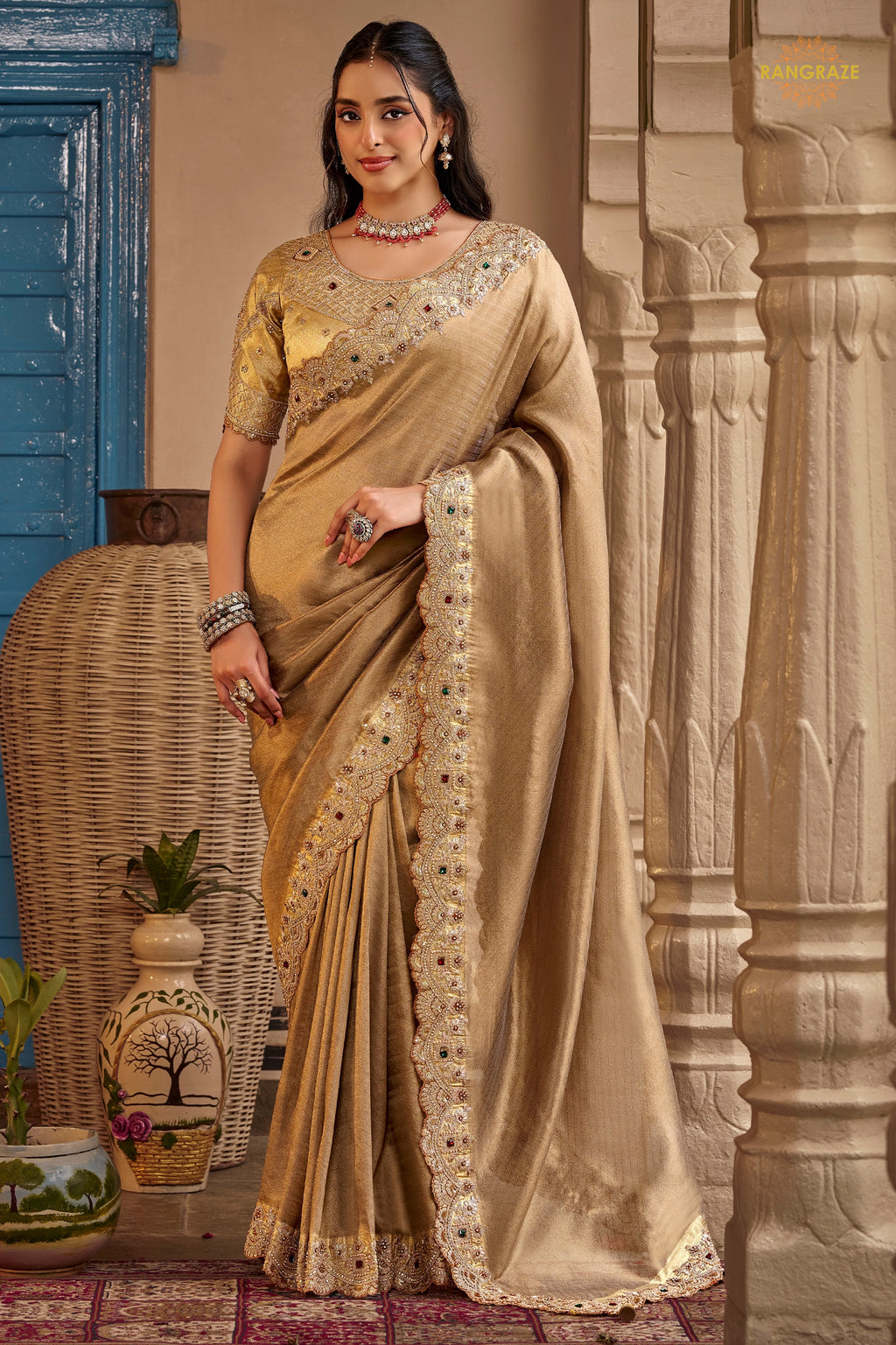 Dark Beige Embroidred Fancy Silk Saree