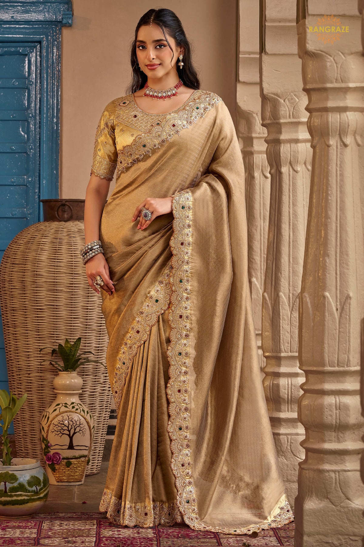 Dark Beige Embroidred Fancy Silk Saree
