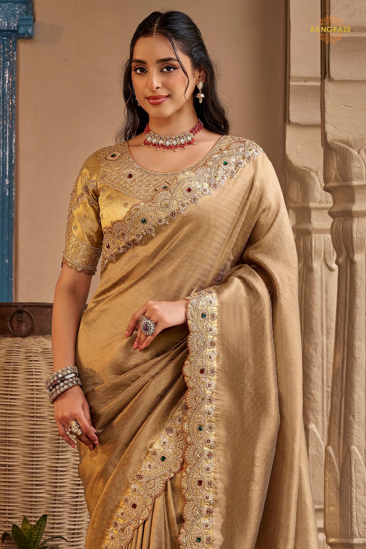 Dark Beige Embroidred Fancy Silk Saree