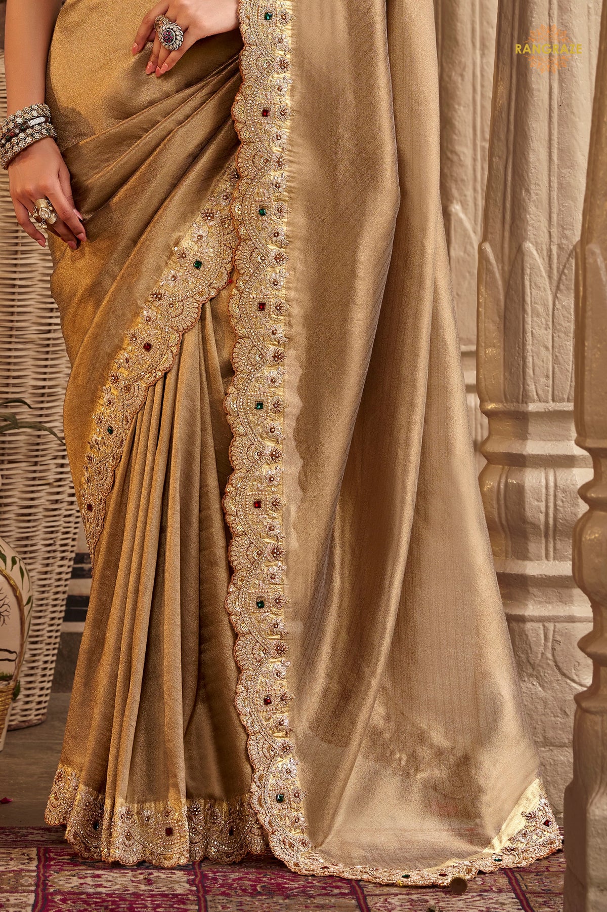 Dark Beige Embroidred Fancy Silk Saree