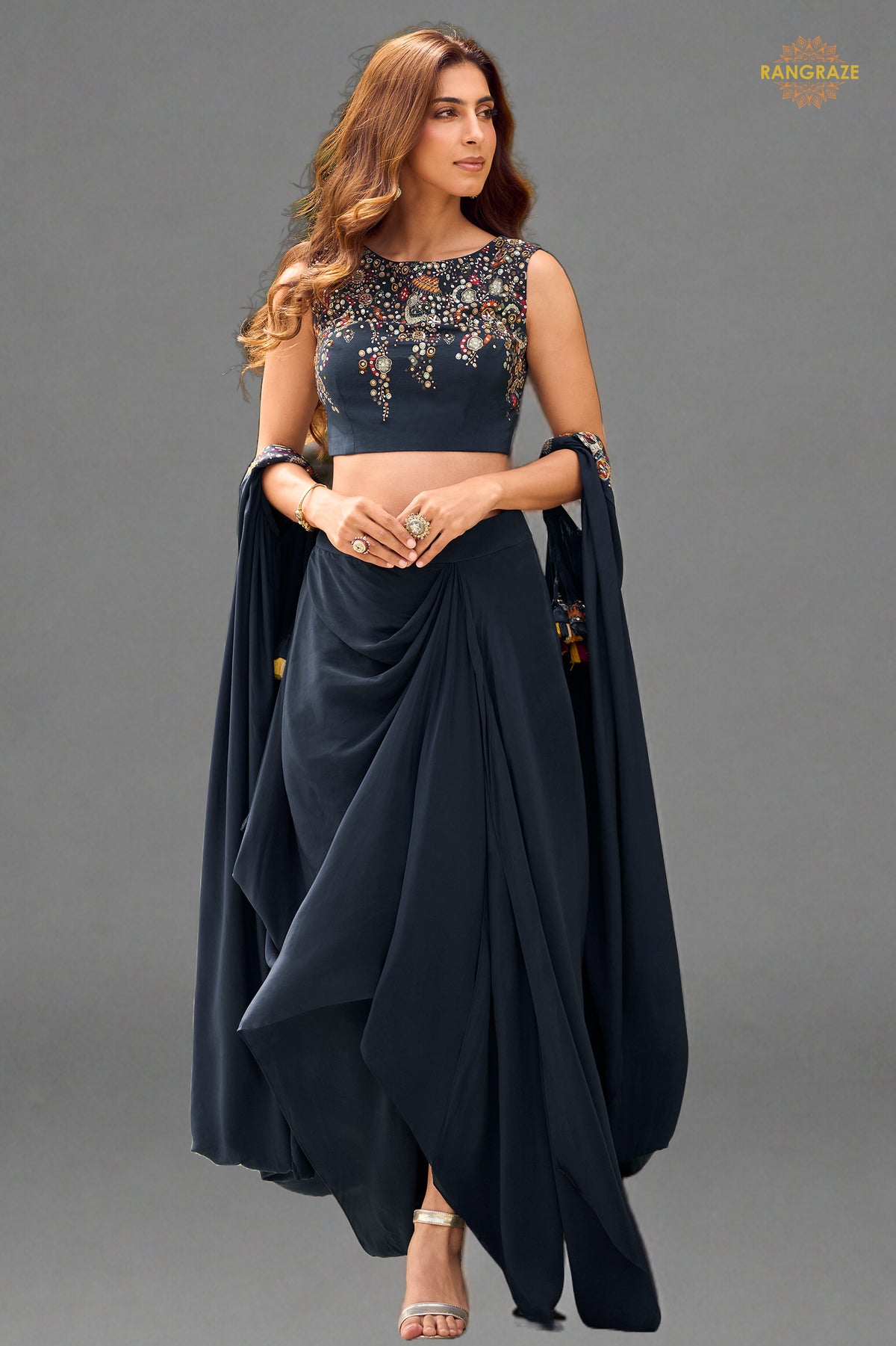 Dark Blue Stitched Embroidered Skirt Set With Shrug