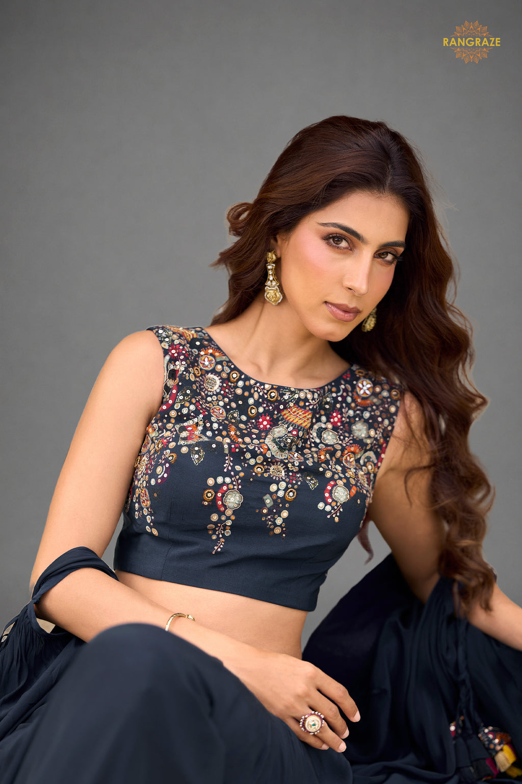 Dark Blue Stitched Embroidered Skirt Set With Shrug