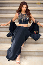 Dark Blue Stitched Embroidered Skirt Set With Shrug