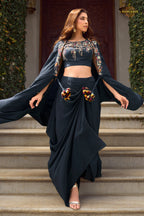 Dark Blue Stitched Embroidered Skirt Set With Shrug