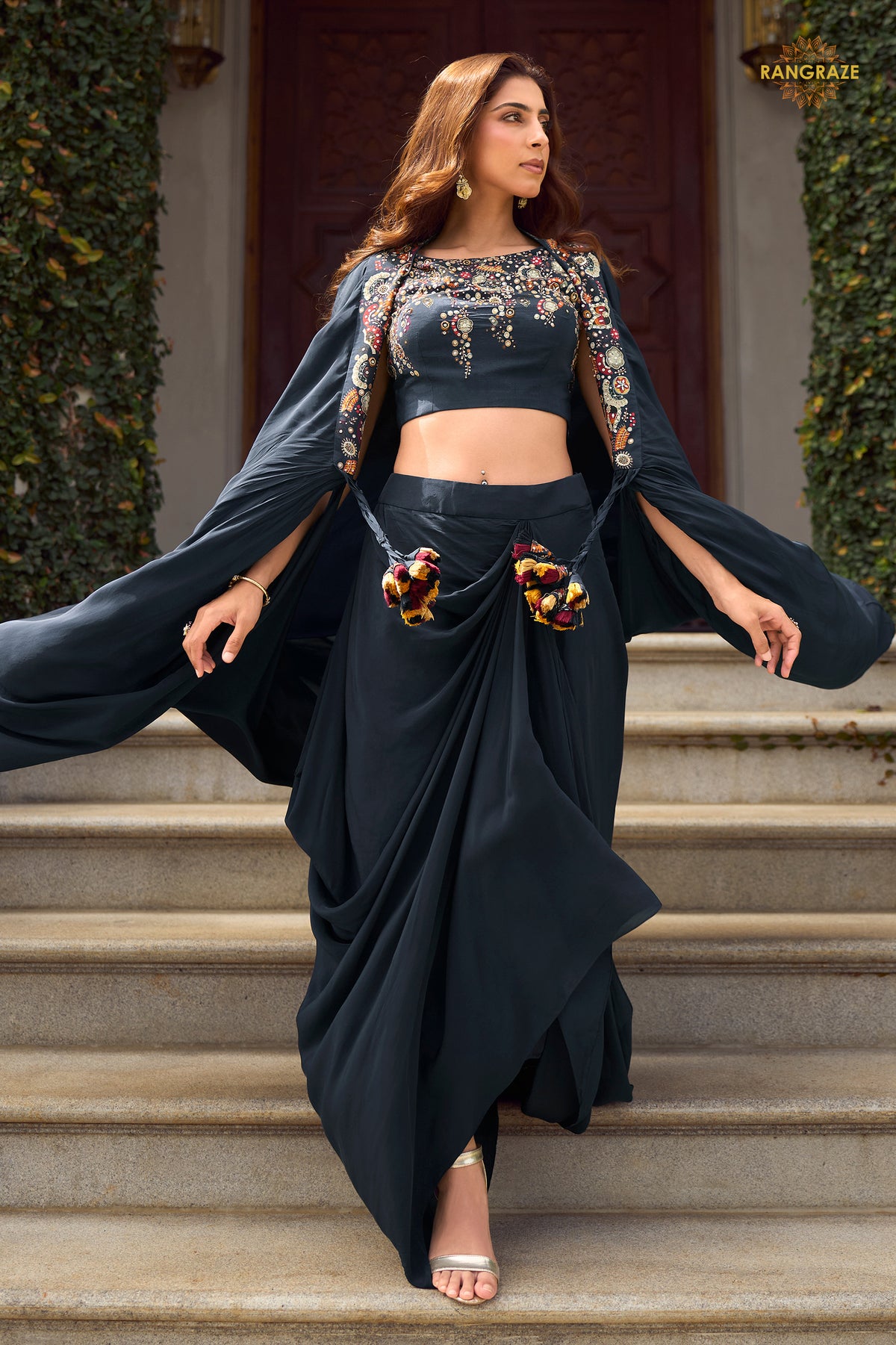 Dark Blue Stitched Embroidered Skirt Set With Shrug