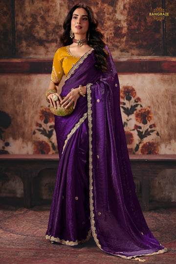 Deep Purple Designer Satin SIlk Saree With Embroidered Blouse