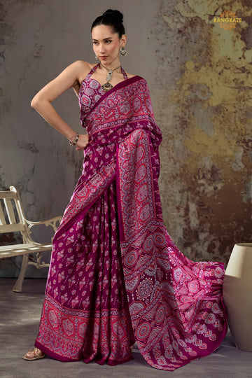 Deep Wine Printed Modal Satin Saree