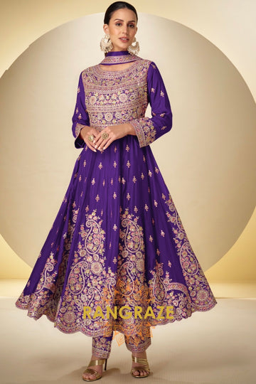 RangRaze Shahi-Banafsha Premium Chinon Embroidered Anarkali Suit Set