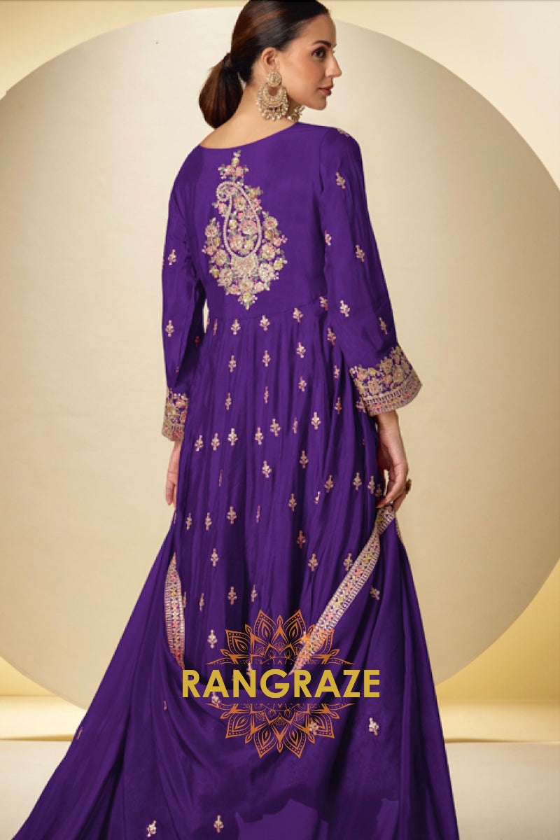 RangRaze Shahi-Banafsha Premium Chinon Embroidered Anarkali Suit Set