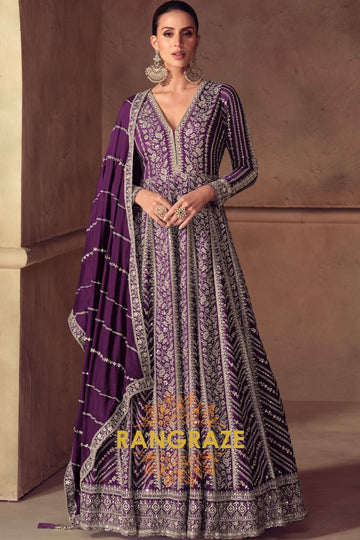 RangRaze Afsana-E-Banafsha Premium Chinon Heavily Embroidered Anarkali Suit Set