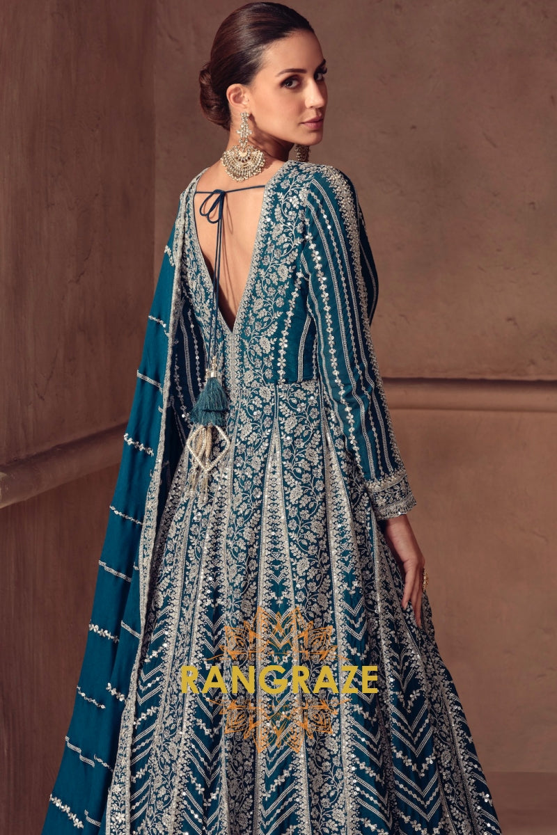 RangRaze Mehr-E-Samundar Premium Chinon Heavily Embroidered Anarkali Suit Set