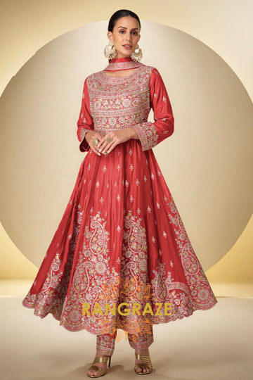 RangRaze Laal-E-Noor Premium Chinon Embroidered Anarkali Suit Set