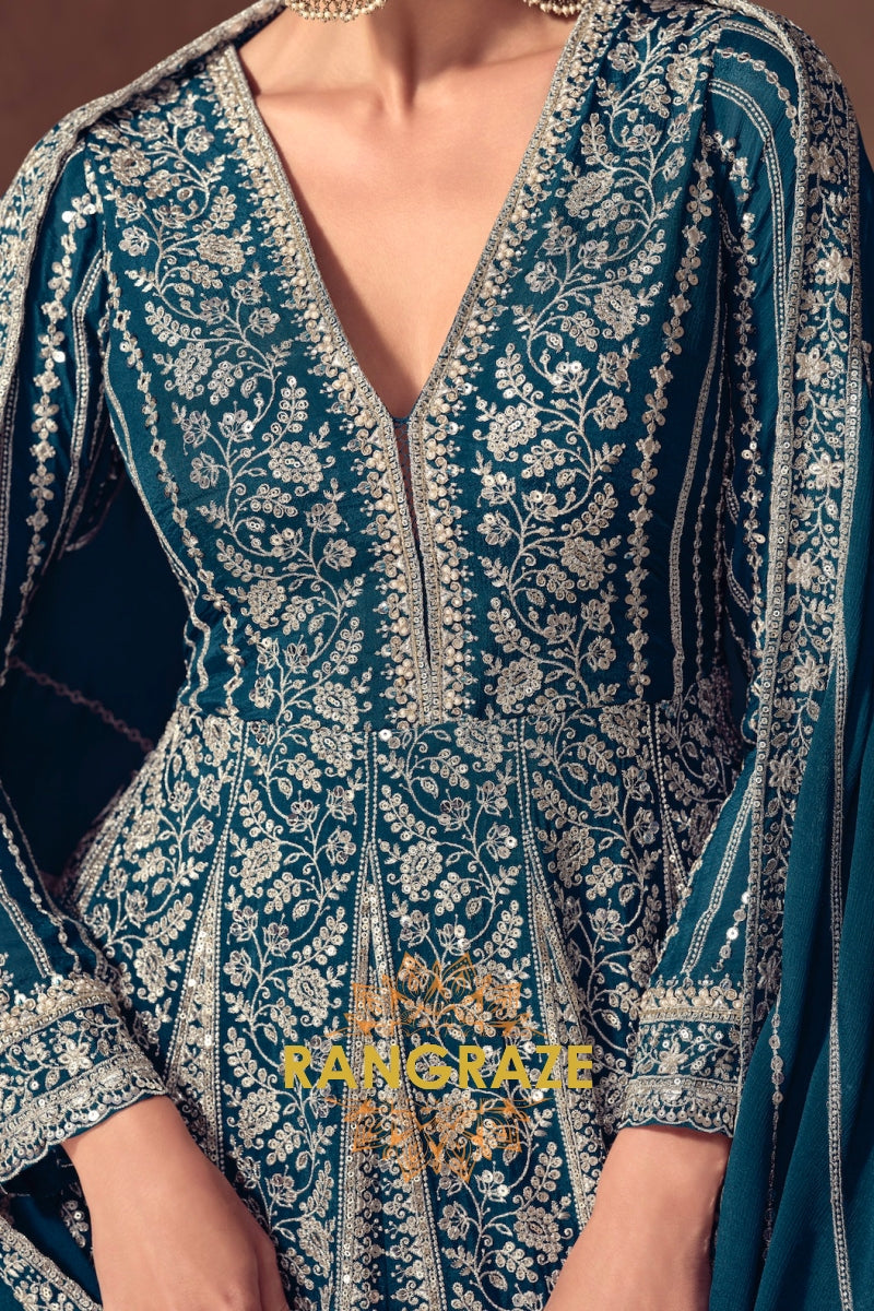 RangRaze Mehr-E-Samundar Premium Chinon Heavily Embroidered Anarkali Suit Set