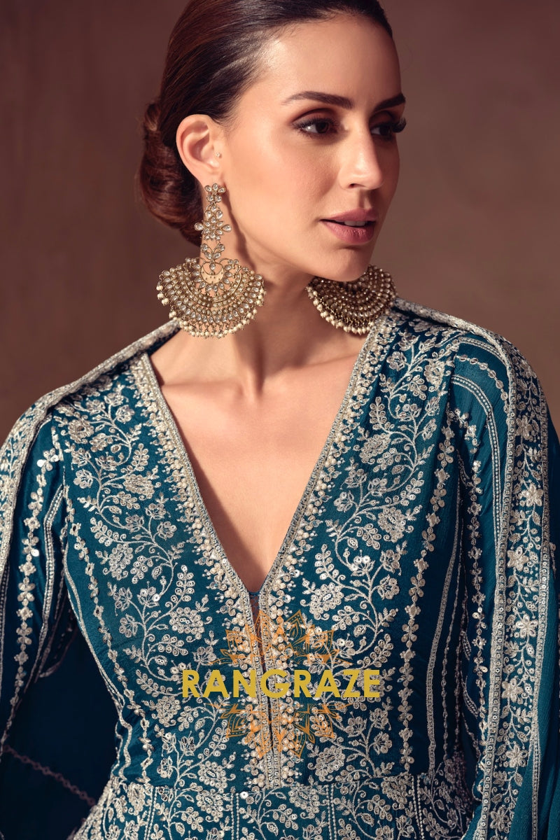 RangRaze Mehr-E-Samundar Premium Chinon Heavily Embroidered Anarkali Suit Set
