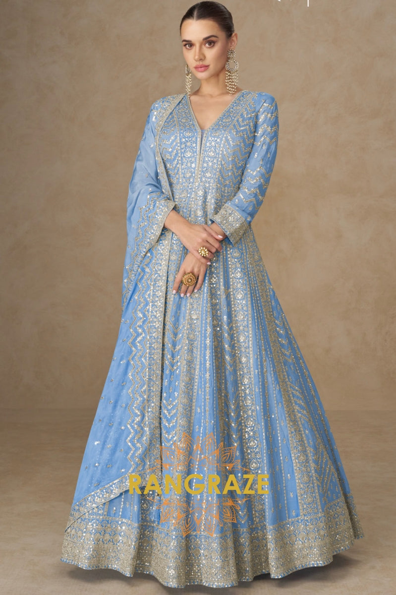 Sky Blue Embroidered Silk Anarkali with Dupatta