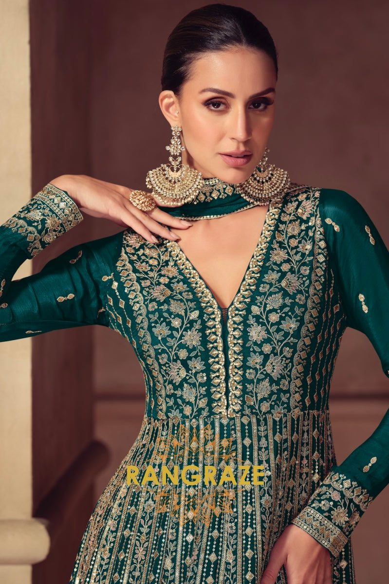 Emerald Green Silk Embroidered Anarkali Set