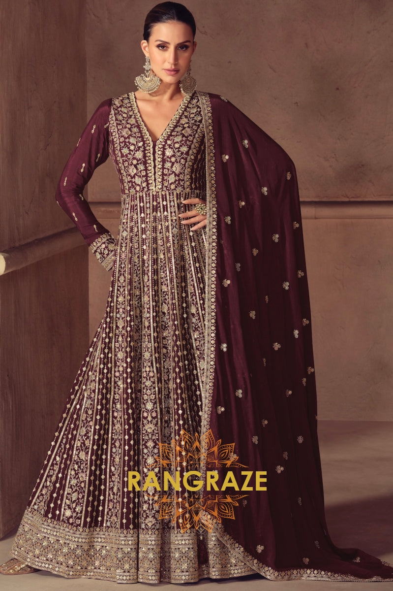 Regal Brown Wine Silk Embroidered Anarkali Suit Set