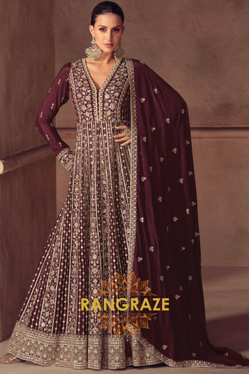 Regal Brown Wine Silk Embroidered Anarkali Set