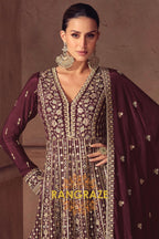 Regal Brown Wine Silk Embroidered Anarkali Suit Set