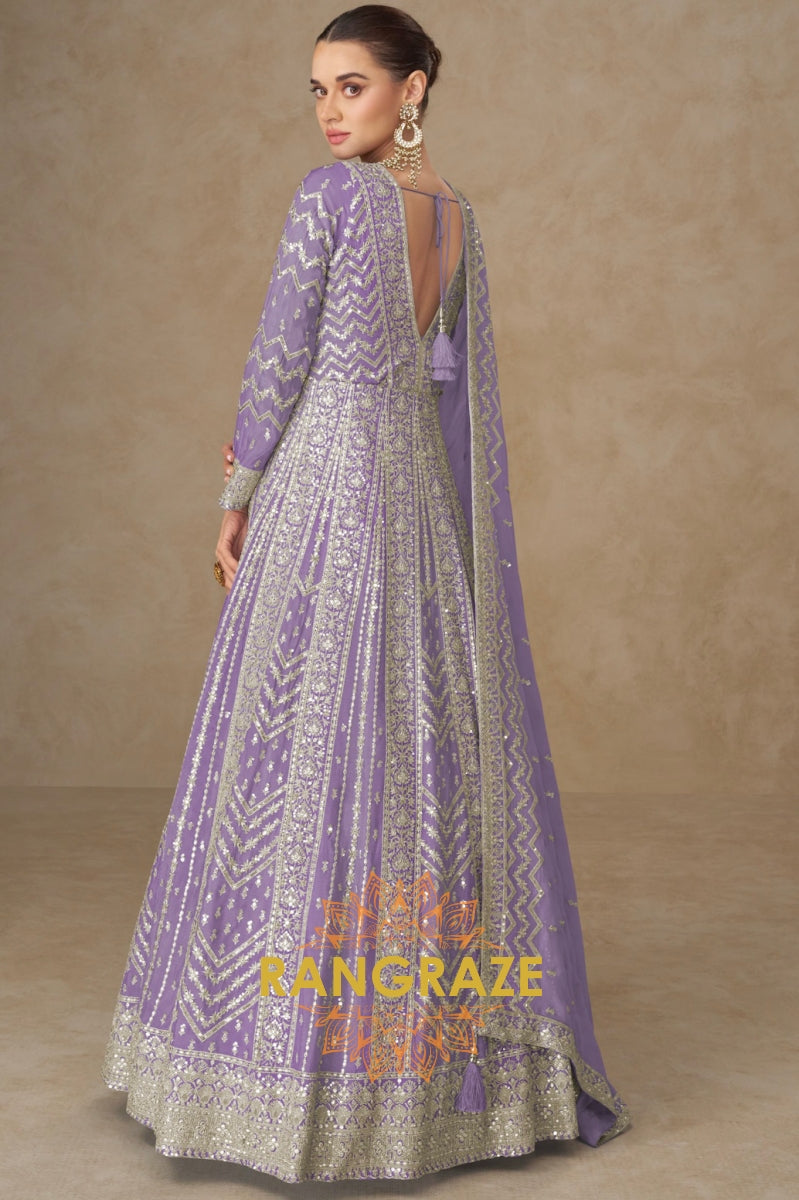 Lavender Glow Embroidered Silk Anarkali Suit with Dupatta