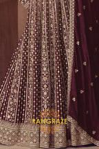 Regal Brown Wine Silk Embroidered Anarkali Suit Set