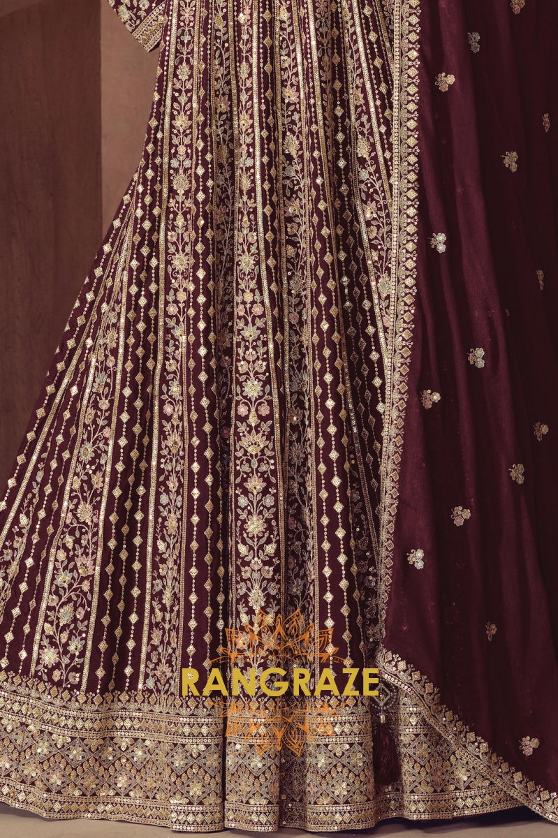 Regal Brown Wine Silk Embroidered Anarkali Suit Set