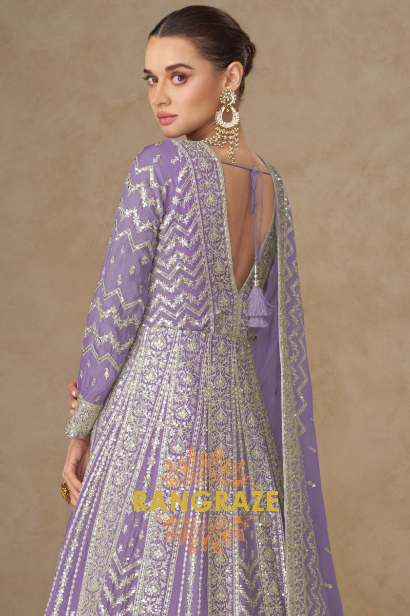 Lavender Glow Embroidered Silk Anarkali Suit with Dupatta